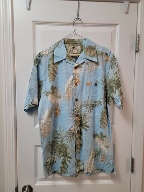 Joe Marlin Mens M Blue Hawaiian Shirt Tan & Green Leaf Print Coconut Buttons EUC